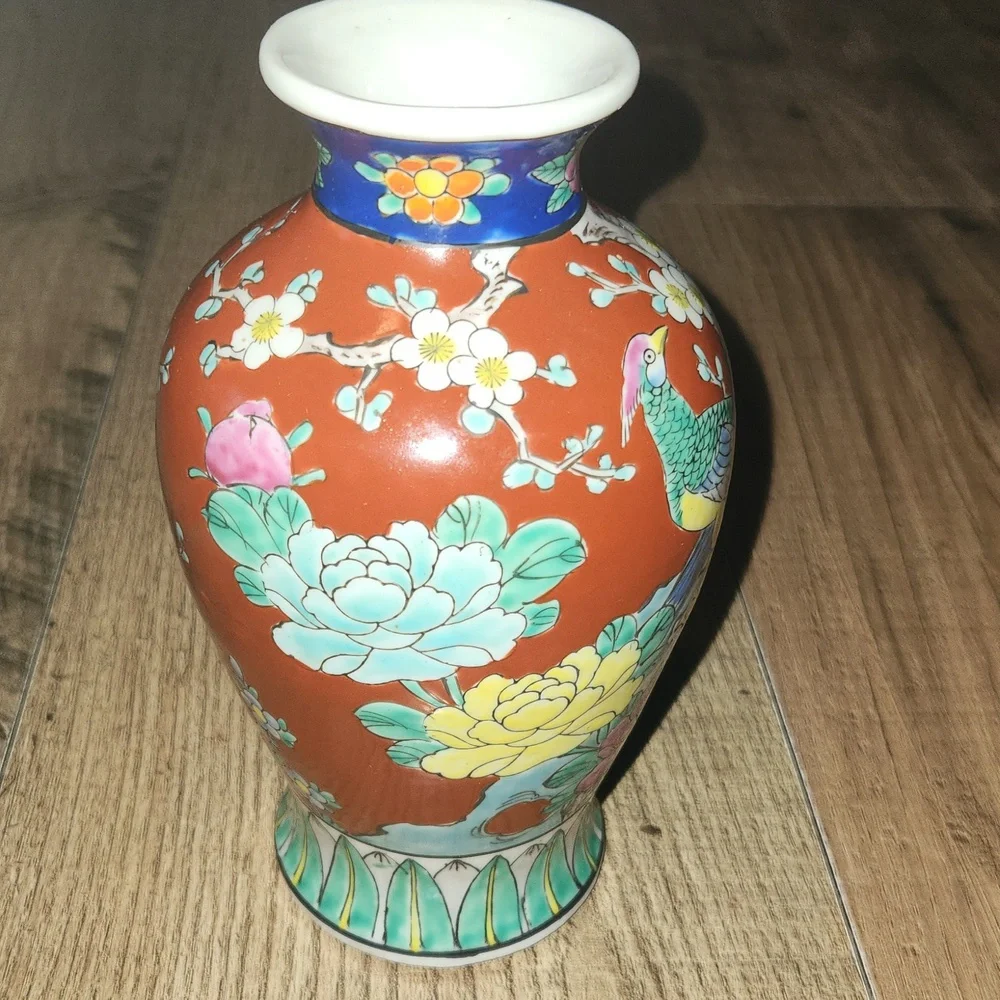 Colorful Hand Painted Porcelain Vase with Birds of Paradise and Floral Design